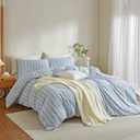 Duvet Cover Full Size Blue White Striped Duvet Cover Set Washed Cotton Linen Feel Chic Bedding Set for All Seasons Breathable Durable Textured (Wide Striped QLBT)