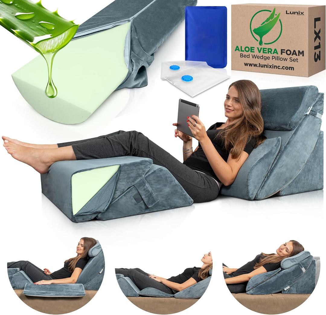 Lunix LX13 6-Piece Post-Surgery Recovery System, Orthopedic Bed Wedge Pillow Set for Tummy Tuck & Back Comfort, Zero-Gravity Memory Foam, Stone Navy with Aloe Vera, 6pcs