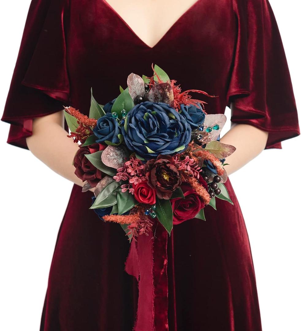 Ling's moment Artificial Flowers Burgundy and Navy Bridesmaid Bouquet, Wedding Flowers Bouquets for Bridesmaids, 7 Inch Bridal Bouquets for Bridesmaids, Wedding Decor, Anniversary, etc (Blu-navy Blue & Burgundy Red)