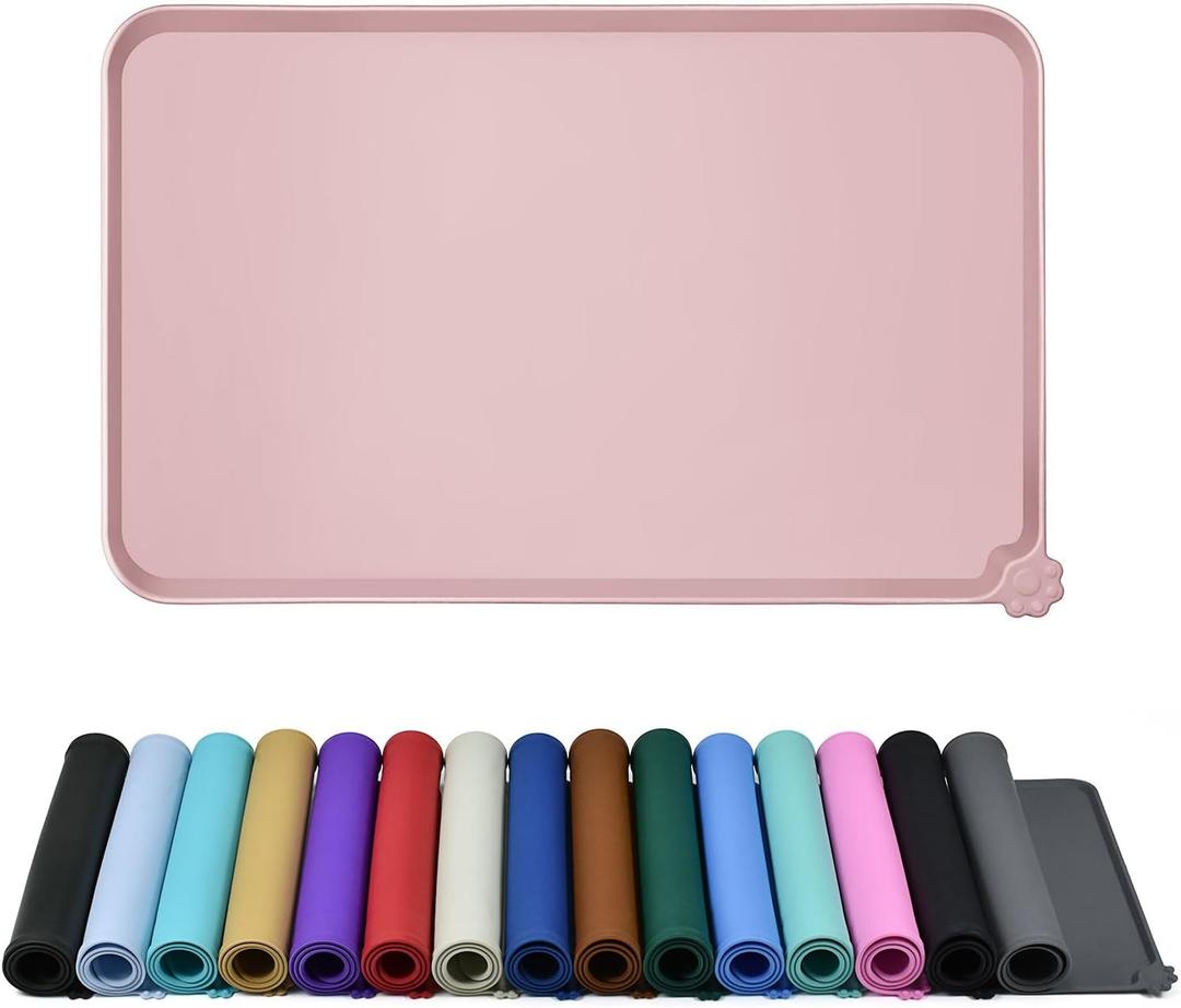 Waterproof Pet Feeding Mat with High Raised Edges, Heavier and Thicker Placemats for Cat Dog Water Bowl with BPA Free, Dogs Cats Food Mats for Messy Drinkers to Prevent Spill and Protect Floors (18.5" x 11.5", Misty Rose)