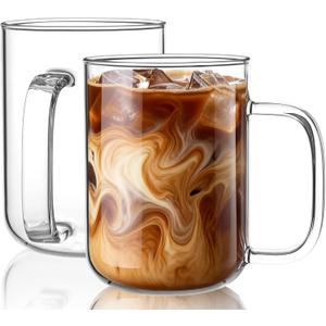 Glass Coffee Mugs, 20 oz Ice coffee cups, Large Clear Tea Cups Set of 2, Glass Mugs with Handles, Glass Cups for Latte, Cappuccino, and Tea