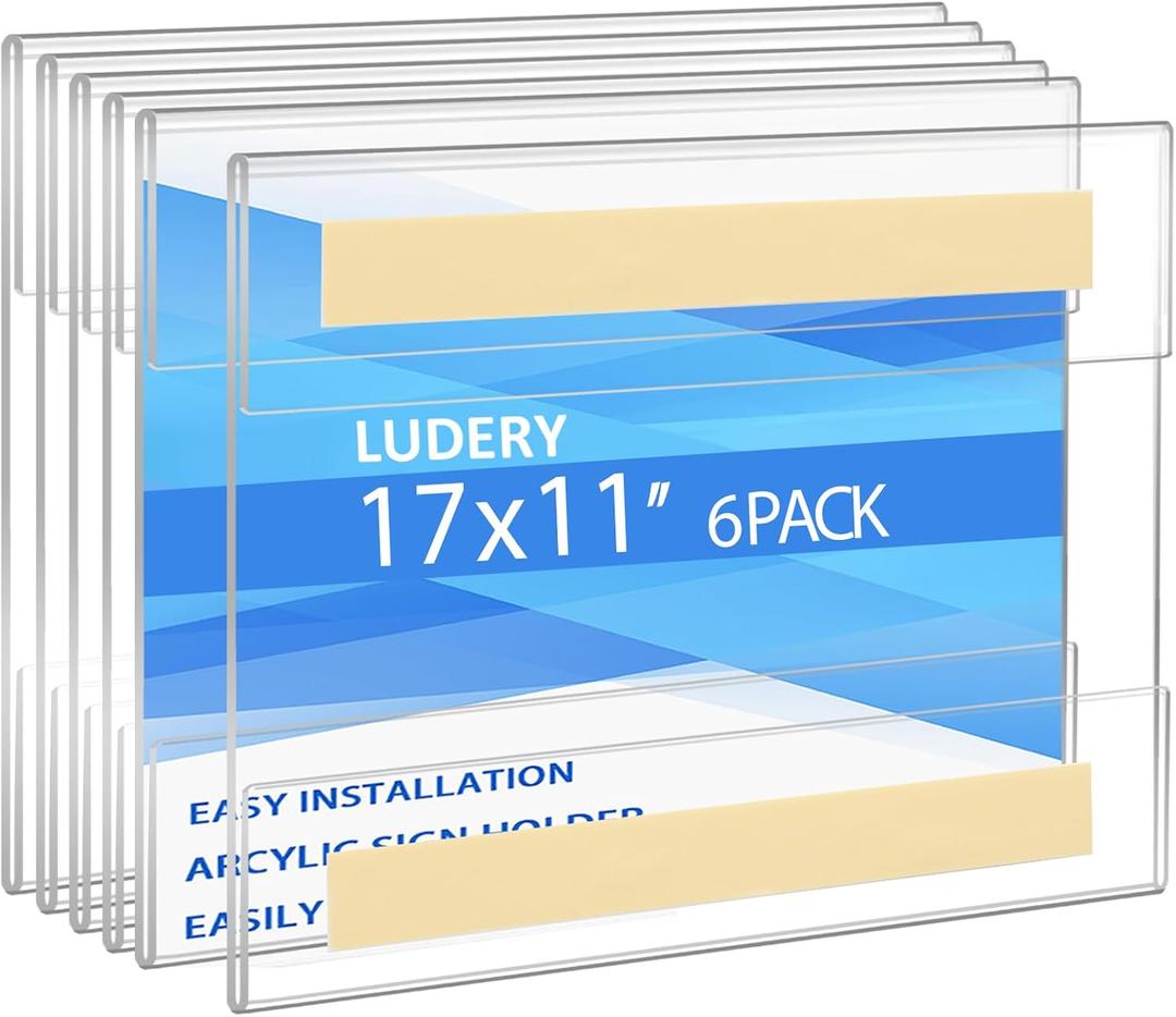 11x17 Acrylic Sign Holder Wall Mount, Clear Acrylic Frame with Adhesive Tape, Wall Sign Document Menu Holder for Office, Home, Store, Restaurant,No Drilling-Horizontal (6 Pack)
