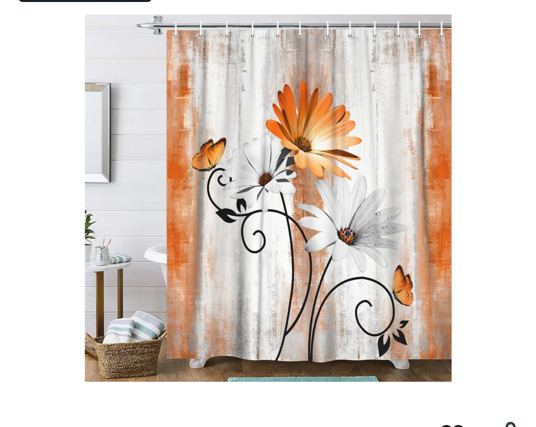 Rustic Farmhouse Shower Curtain, Farm Orange Daisy Floral Fall Flowers and Butterfly on Country Wooden Autumn Shower Curtain for Bathroom, Yellow Grey Gray Red Gold Curtain with 12PCS Hooks, 70X70IN