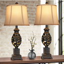 28" Bronze Nightstand Lamps with Faux Silk Shades，Vintage Living Room Bedroom End Table Lamps