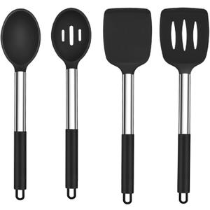 TeamFar Kitchen Utensils, 4 PCS Silicone Cooking Utensils Spatula Spoon Set with Stainless Steel Handle, for Frying Mixing Draining Turning, Healthy & Heat-proof, Non-stick & Dishwasher Safe - Black