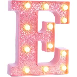 Pink Marquee Light Up Letters, Glitter Alphabet LED Letter Lights for Pink Birthday Party Decorations, Battery Operated Letter Sign for Girls Room Vanity Table Decor, Warm White Lights Letter E