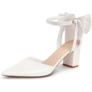 LOOPCHARM Womens Closed Pointed Toe Heels with Bow Low Chunky Block Heel Ankle Strap D'Orsay Pumps Bridal Wedding Dress Shoes, Size 9