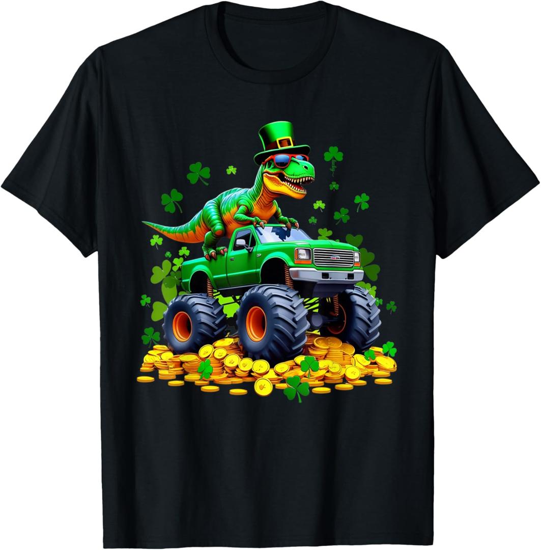 Kids St Patricks Day 2026 - Dinosaur Riding Monster Truck T-Shirt, Size 2T