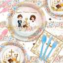 194 Pcs First Communion Baptism Party Decorations Boho Nuestra Primera Comunion Party Supplies Twins Christening Disposable Tableware Set with Plates Napkins Cups Tablecloth Serves 24