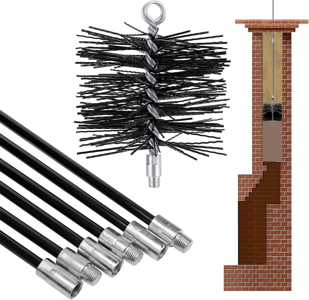 18FT Total Fiberglass Chimney Cleaning Kit - 3FT  6Pcs Fiberglass Chimney Rod and 6 Inch Brush, with Standard 1/4" NPT End Fitting, Chimney Cleaning Sweep Kit for Hearth Fireplace