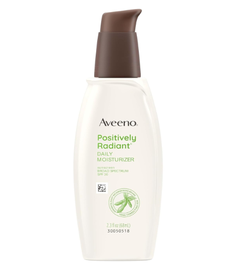 Aveeno Positively Radiant Face Moisturizer with SPF 30 Sunscreen, Hydrating Facial Moisturizer with Soy Extract to Visibly Improve Skin Tone and Texture, Hypoallergenic Formula, OilFree, 2.3 FL OZ