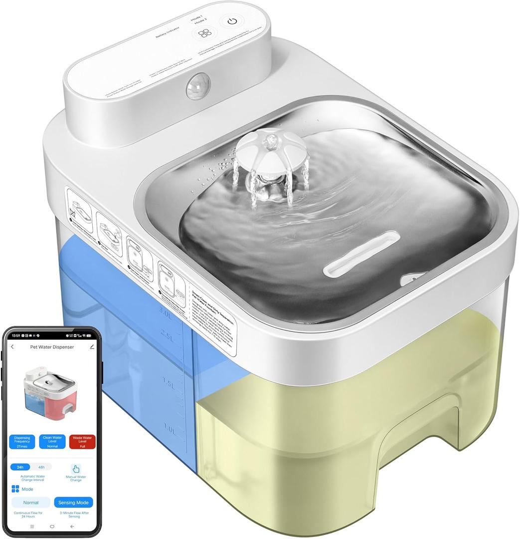 VIVOHOME Smart Pet Water Fountain, 101oz Separated Fresh Water Tank, No Fliter Needed & Wireless Pump, Battery Operated Super Clean Cat Water Fountain, Automatic Dog Water Dispenser, 2.4G Wi-Fi App