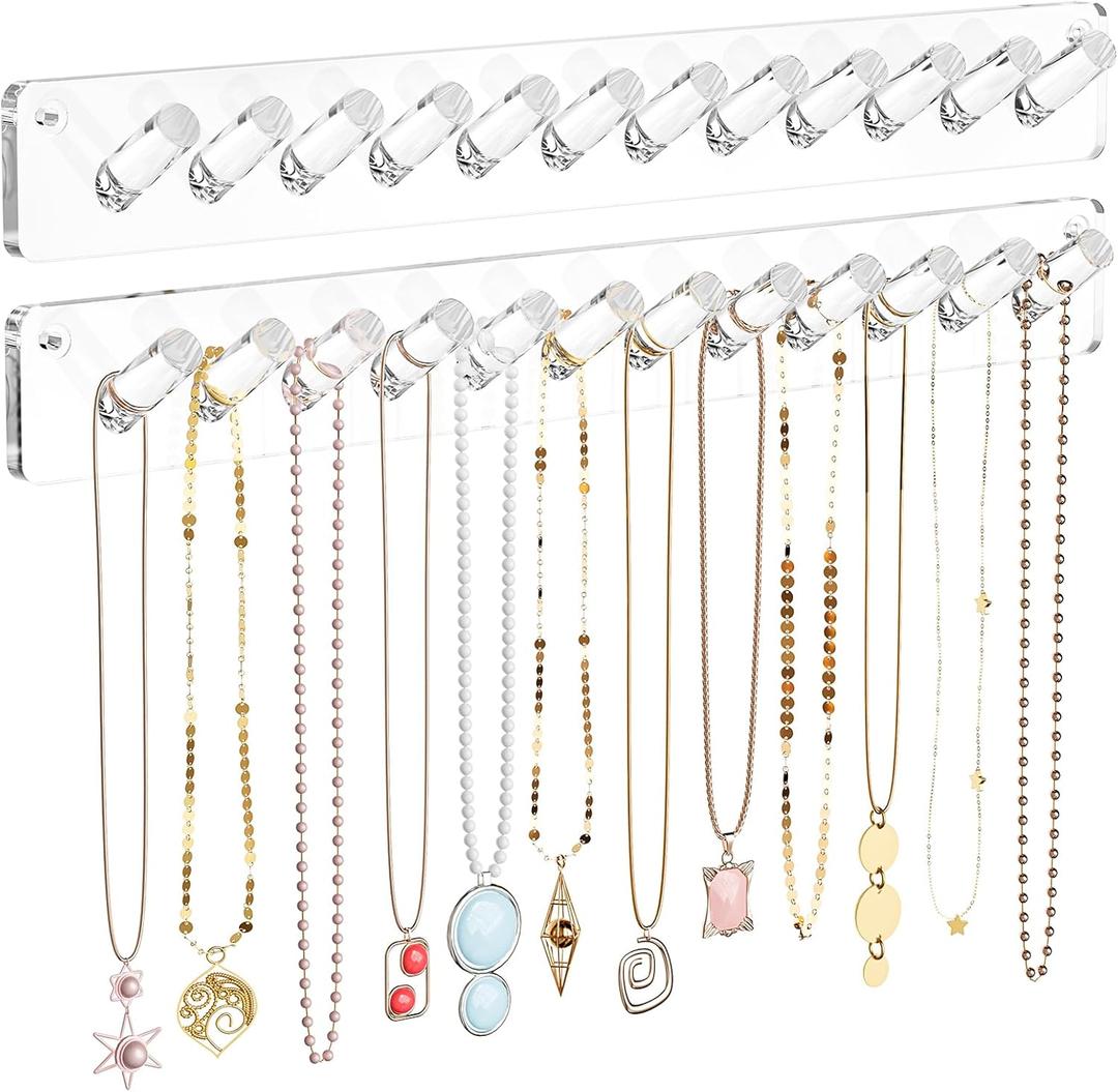 MaxGear Necklace Holder Wall 2-Pack, Clear Acrylic Jewelry Organizer with 24 Hooks, Tangle-Free Display for Necklace, Bangles, Ring, Bracelet Storage, Perfect for Bathroom, Vanity, Closet Door
