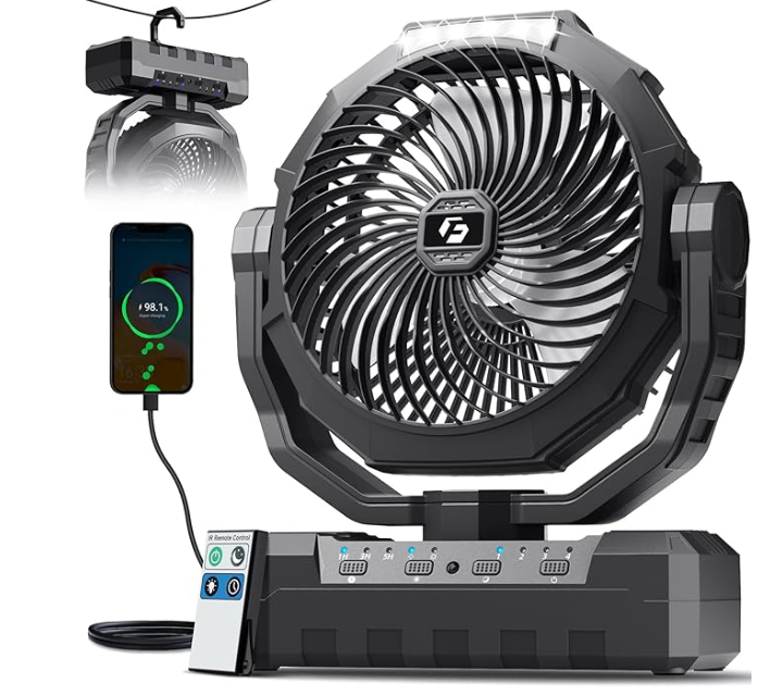 FRIZCOL 3-in-1 Camping Fan - Portable Fans Rechargeable - 24000mAh Battery Powered Fan with Light & Remote for Indoor, Outdoor, Tent, Travel, Fishing, Jobsite, Gifts for Men Dad Him - Black