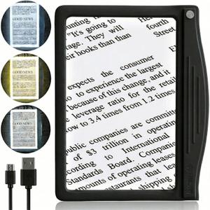 MagniPros 5X Rechargeable Large Ultra Bright LED Page Magnifier with Anti-Glare Lens & 3 Color Dimmable Light Modes, Relieve Eye Strain- Ideal for Reading Small Prints, Low Vision, Seniors (Black)