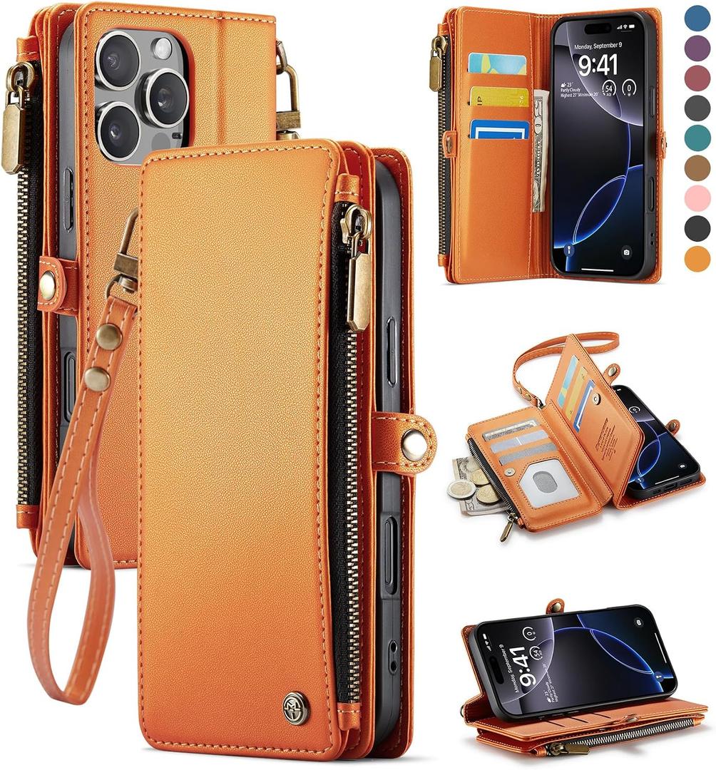 Defencase Compatible with iPhone 16 Pro Max Case Wallet with RFID Blocking Card Holder for Woman Men, PU Leather Magnetic Snap Flip Zipper Strap Phone Case for iPhone 16 Pro Max 6.9", Orange