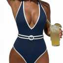 Women's One Piece Swimsuits Tummy Control Deep V Neck Bathing Suit Backless Color Block Swim Suit Halter Swimwear, Medium