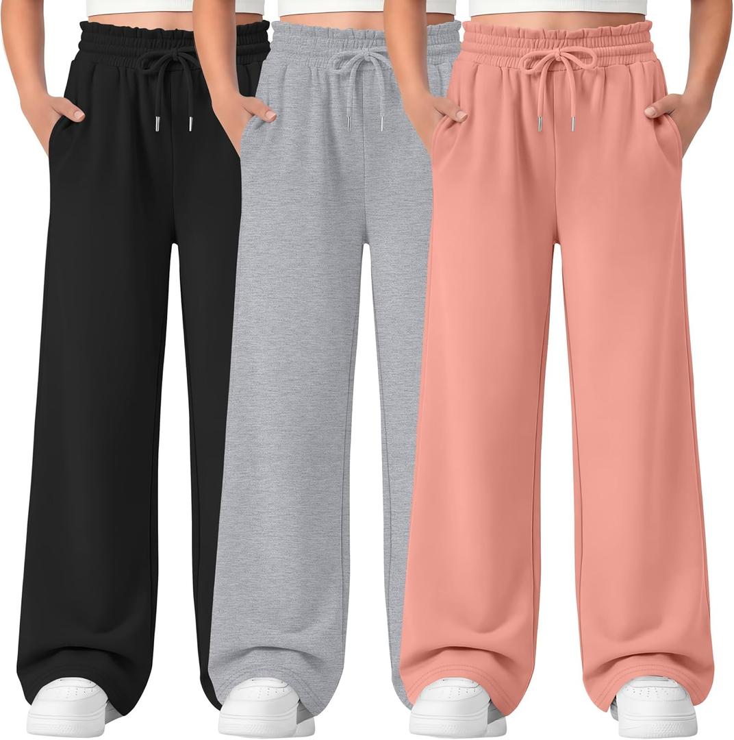 3 Pack Girls' Sweatpants Straight Wide Leg Kids Drawstring Casual Joggers Teen Loose Athletic Pants with Pockets (9-10 Years, Orange, Light Heather Gray, Black)