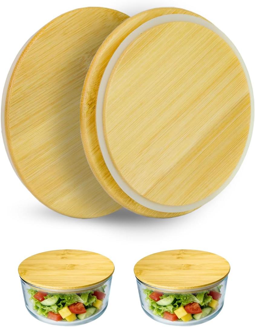 Replacement Wooden Lids for Pyrex, Anchor Hocking Glass Containers 7200 * 2, Bamboo Lids for Pyrex 2Cup Glass Bowls, Bowl Covers with Leakproof Silicone Gasket 2 Pack