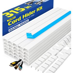 315in Cord Hider Kit, Paintable Cable Raceway, Cord Covers for Wires on Wall, Cord Hider for Wall Mount tv, tv Cable Hider Wall kit, Wire Covers for Cords, 20X L15.7in X W0.96in X H0.57in, White