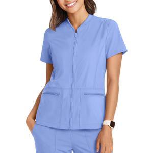 Women's Scrub Top Full Zip up Short Sleeve Nurse Shirts with 2 Zipper Pockets Jackets Lightweight Medical Uniform, S