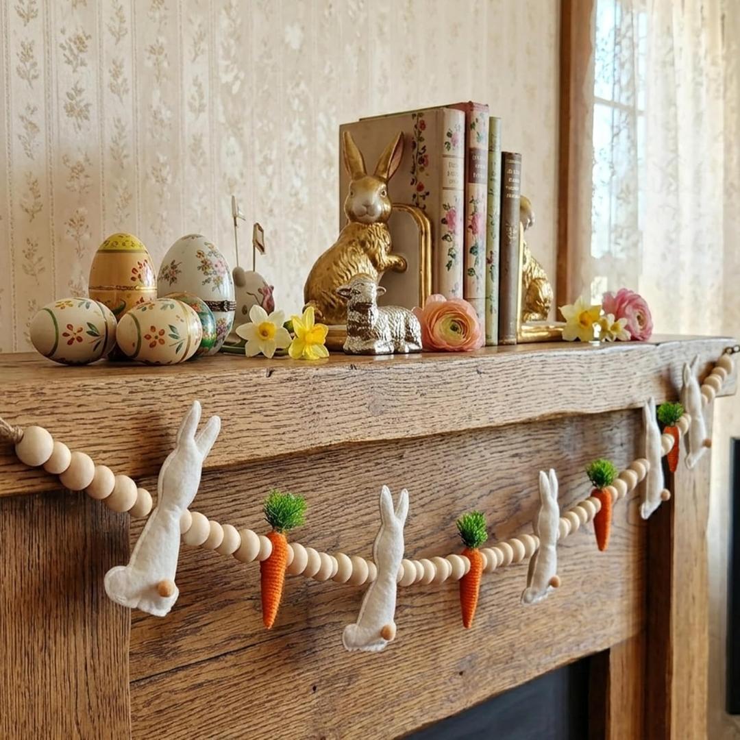 6.5FT Easter Decorations Bunny Carrot Garland - Handmade Felt Bunny Carrot Spring Garland Decoration for Mantle Fireplace Wall - Rustic Hanging Easter Banner for Inside Home Farmhouse Indoor Decor