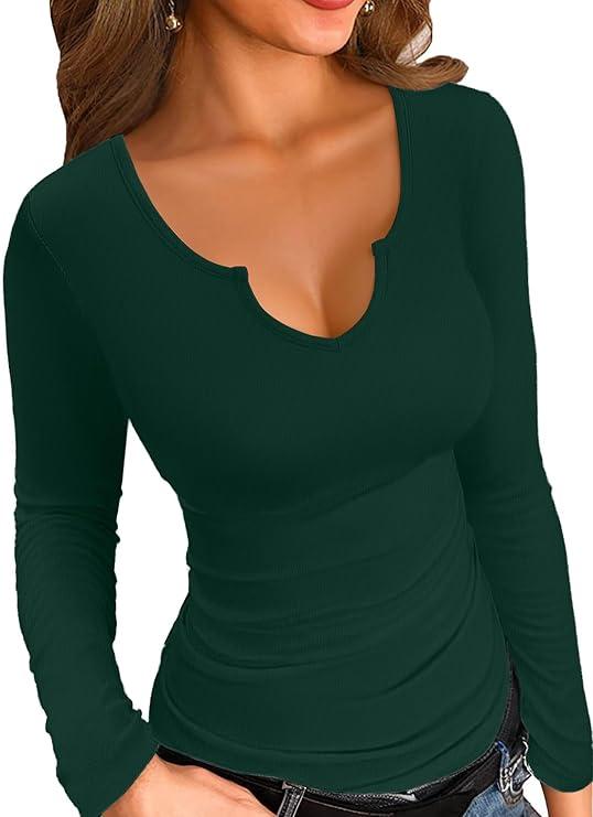 VICHYIE Womens Tops V Neck Summer Short Sleeve Casual Slim Fitted Tshirt, Z- Dark Green , Small 