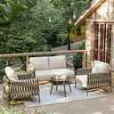 EAST OAK 4-Piece Patio Furniture Set | Life Chatter Outdoor Furniture | Coffee Table & Deep Seating Conversation Set with Thick Cushions | Porch, Balcony & Backyard | Chestnut & Apricot