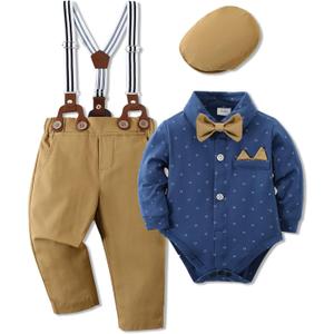 WESIDOM Baby Boy Clothes 0-18M Newborn Infant Gentleman Outfit, Shirt+Bowtie+Beret+Suspender Pant Baby boy Suit Clothing Set (0-3 Months, Navy Blue)