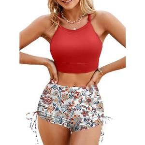 Herseas Women's Floral Print Drawstring Boyshorts Swimsuits Criss Cross Top Bikini Sets High Waisted Two Pieces Bathing Suits, Size M