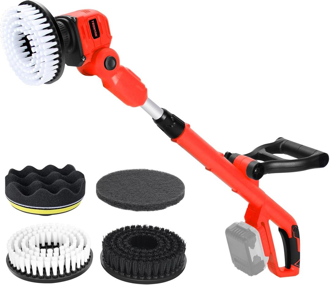 Cordless Power Scrubber Compatible with Milwaukee 18v Battery (Tool Only), Tronyan Brushless Floor Cleaner with Extension Handle, 4 Brush Heads for Floor, Bathroom, Kitchen, Car Cleaning(No Battery)