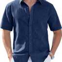 Mens Linen Shirts Short Sleeve Button Down Summer Beach Casual Shirt Regular Fit Untuckit Lightweight Breathable (Blue, S)