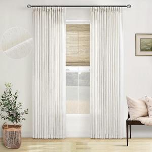 Pinch Pleated Linen Curtains 96 Inches Long for Living Room 2 Panel Set Cream Ivory Light Filtering Pinch Pleat Hooks Rings Back Tab Neutral Boho Farmhouse 96 Inch Curtain Drapes for Bedroom Window, 40"W x 96"L