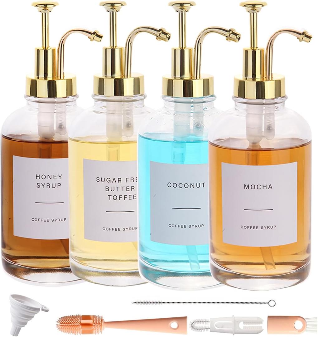 Coffee Syrup Dispenser-4pack,16.9 oz 500ml,Coffee Bar Accessories,Syrup Pump Dispenser for Coffee Bar,Contains Cleaning Tools, Funnel (Gold)