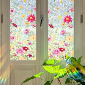 Holographic Floral Privacy Window Film, 3D Laser Static Cling, No Glue, UV Blocking & Heat Insulation for HomeOfficeCarBathroom&Glass Cabinet Decor (31.5x78.7in)