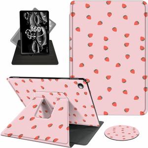ACWDMKH Case for Kindle Fire 7 Tablet Case 7 Inch (9th/ 7th/ 5th Generation, 2019/ 2017/ 2015 Release), 360 Degree Rotating Swivel PU Leather Stand Folio Cover with Auto Wake/ Sleep, Pink Strawberry