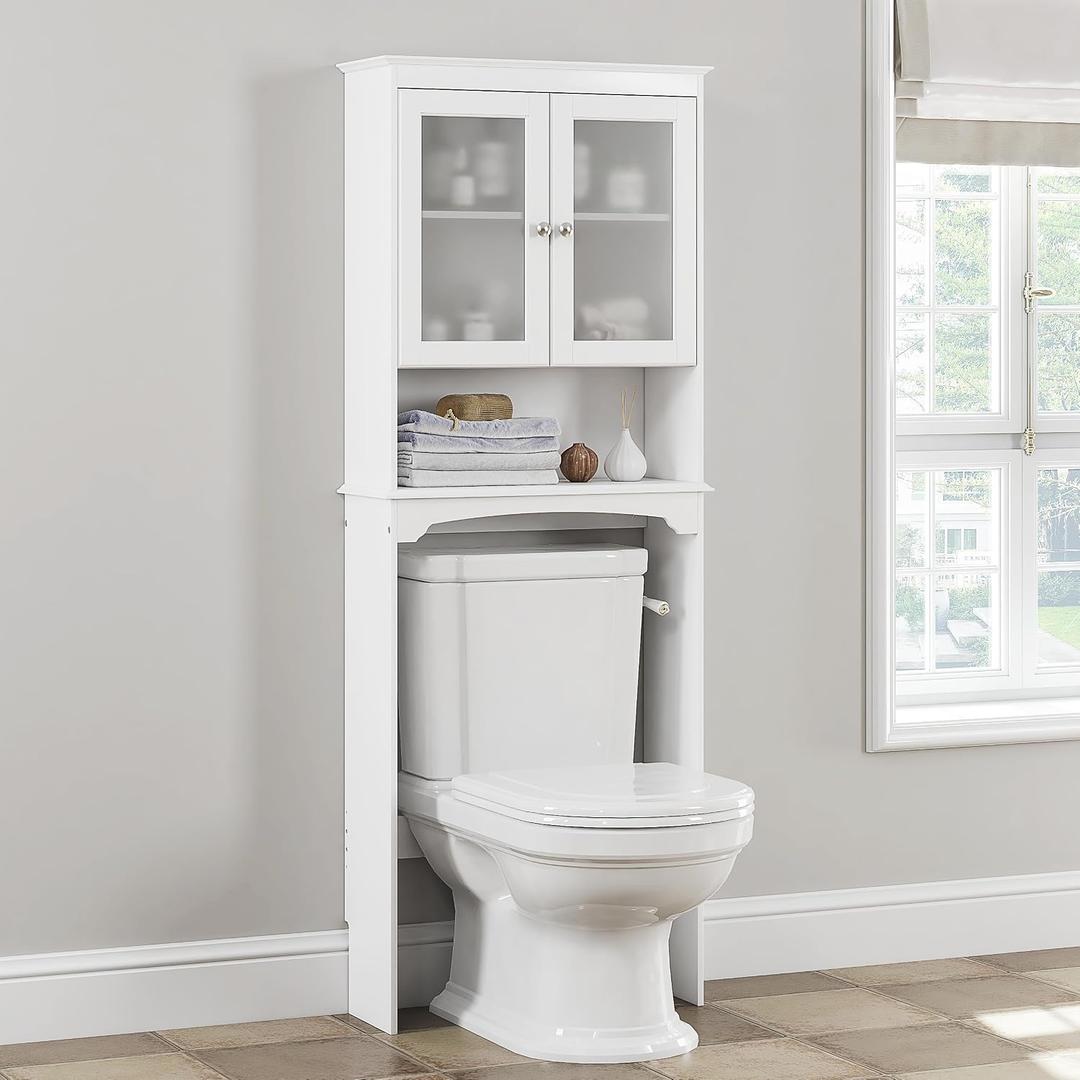 Spirich Over The Toilet Storage Cabinet, Above Toilet Storage Cabinet with Glass Doors, Behind Toilet Bathroom Organizer, White, Small