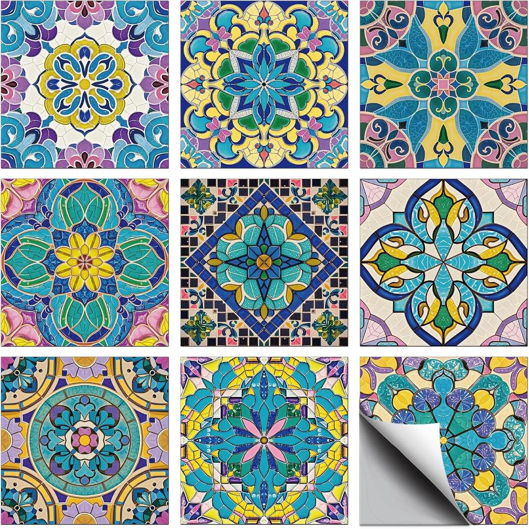 CHGCRAFT 36 Pcs 9 Style Mosaic Art Tile Stickers Mandala Patterns Peel and Stick Wall Tile Stickers Waterproof Self Adhesive Stick on Tiles Decals for Kitchen Bathroom Wall Art Decor, 44 Inch