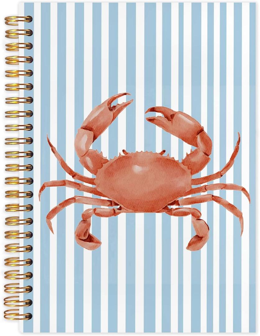 Coastal Beach Crab Spiral Notebook Journal 5.5x8.3, Ocean Beach Journals for Writing, Crab Gifts, Blue Striped Ocean Hardcover Notebooks for Note Taking
