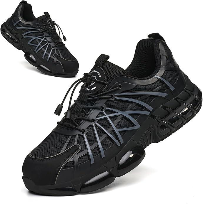 PJZHJ Steel Toe Shoes for Men Breathable Slip Resistant Tennis Shoes Lightweight Puncture Proof Work Safety Sneakers 43 Black