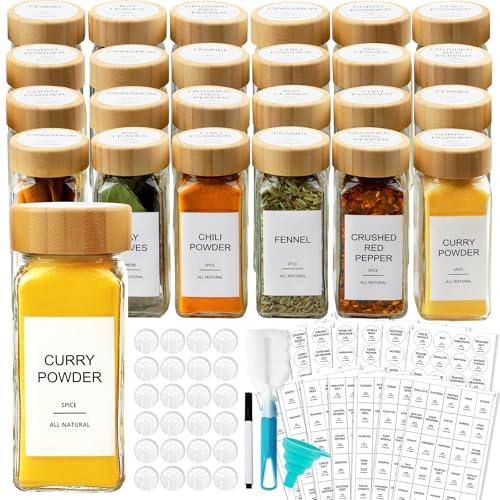 AISIPRIN Glass Spice Jars with 398 Labels, 23 pcs 4oz Spice Containers with Bamboo Lids, Square Spice Bottles With Shaker Lids,Spice Organization for Cabinet,Drawer,Rack,Seasoning Organizer