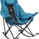 Dowinx Oversized Rocking Camping Chair, Fully Padded Patio Chair with Side Pocket and Carry Bag, High Back Portable Lawn Recliner with Headrest, Support 300 lbs, Blue