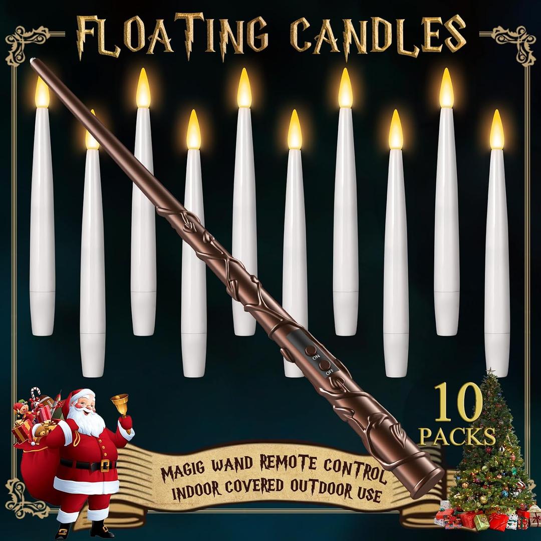 Floating Candles with Wand - Christmas Magic Hanging Flameless Candles Taper Candles with Remote for Halloween Window Home Bedroom Birthday Party Decorations (10 PCS White Candles + 1 Brown Wand)