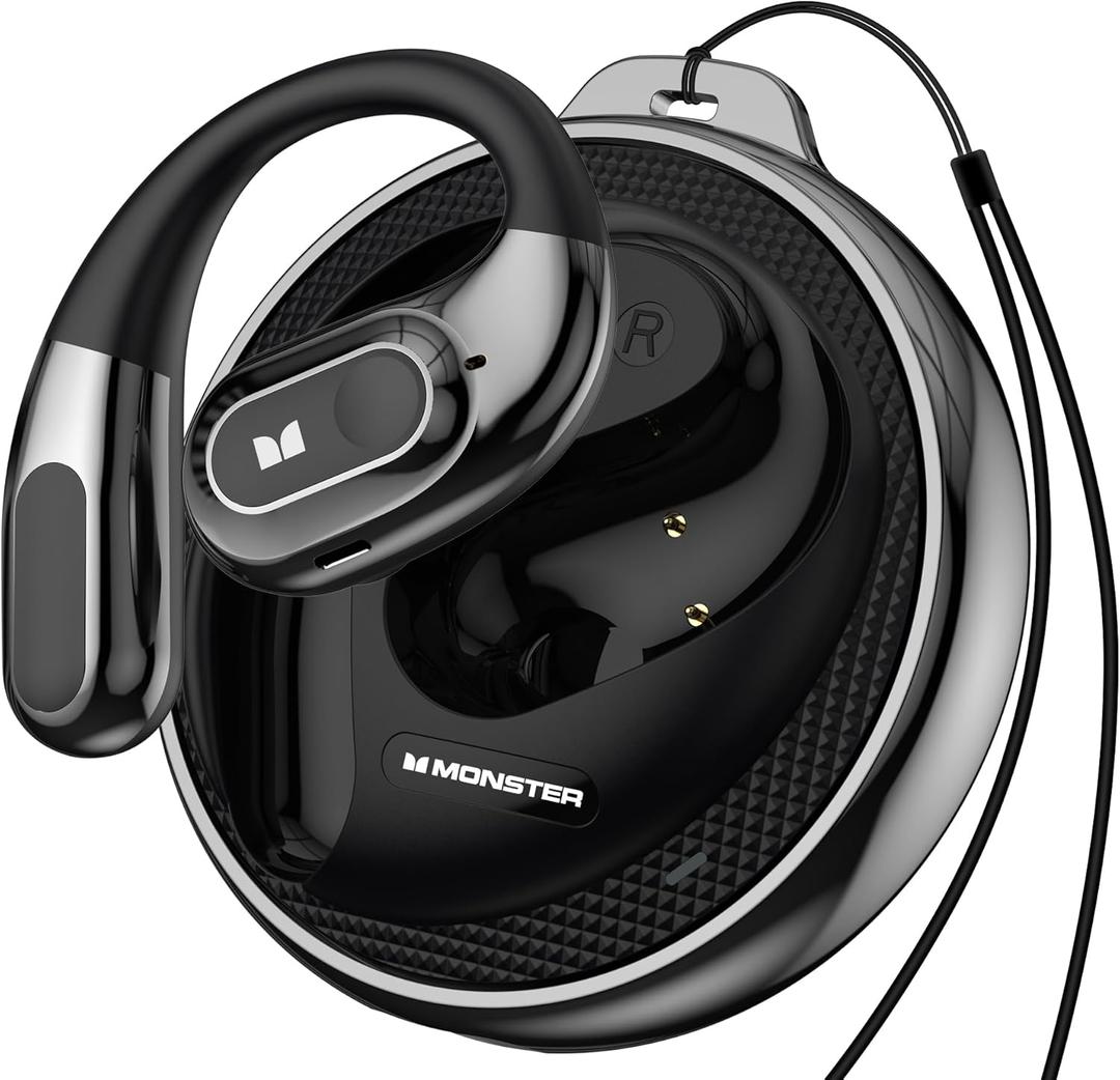 Monster Open Ear Headphones AC330, Wireless Earbuds Bluetooth 5.4 with Clear Talk, Stylish Rotating Case with Lanyard, Type-C Charging, Comfort Fit, 24H Playback, IPX5 Water Resistant, Black