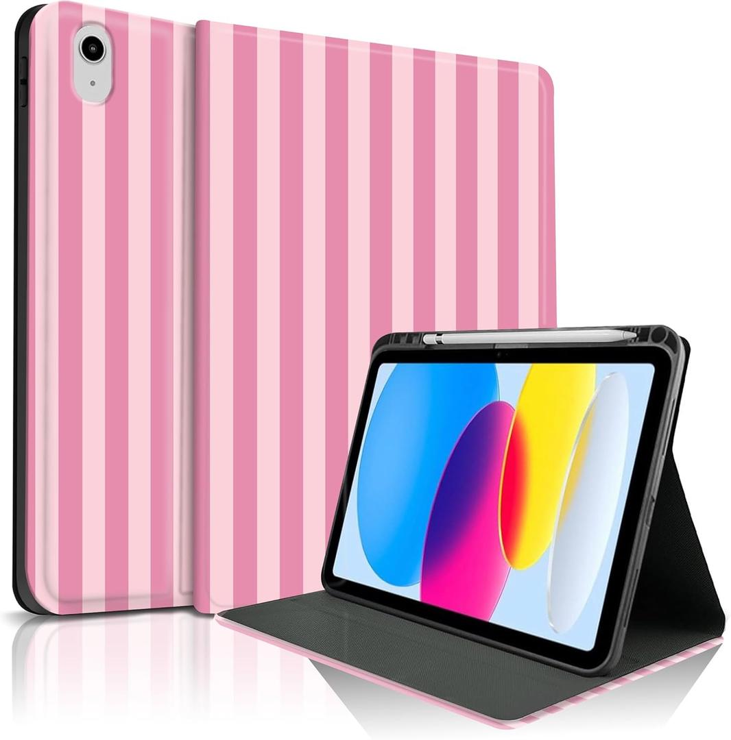 TopPerfekt Case for iPad 11th (A16) 11-inch 2025 / 10th Generation 10.9-inch 2022, Striped Cute Girly Collegiate Style Case with Pencil Holder for Kids, Boys, Girls, Anti-Slip, Anti-Shock - Pink