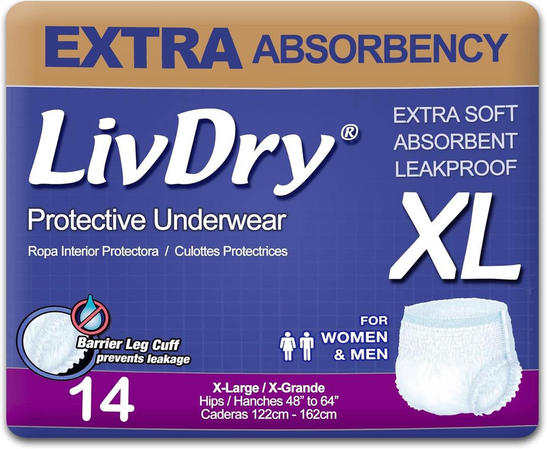 LivDry Adult XL Incontinence Underwear, Extra Absorbency Adult Nappies, Leak Protection, XL, Pack of 14 