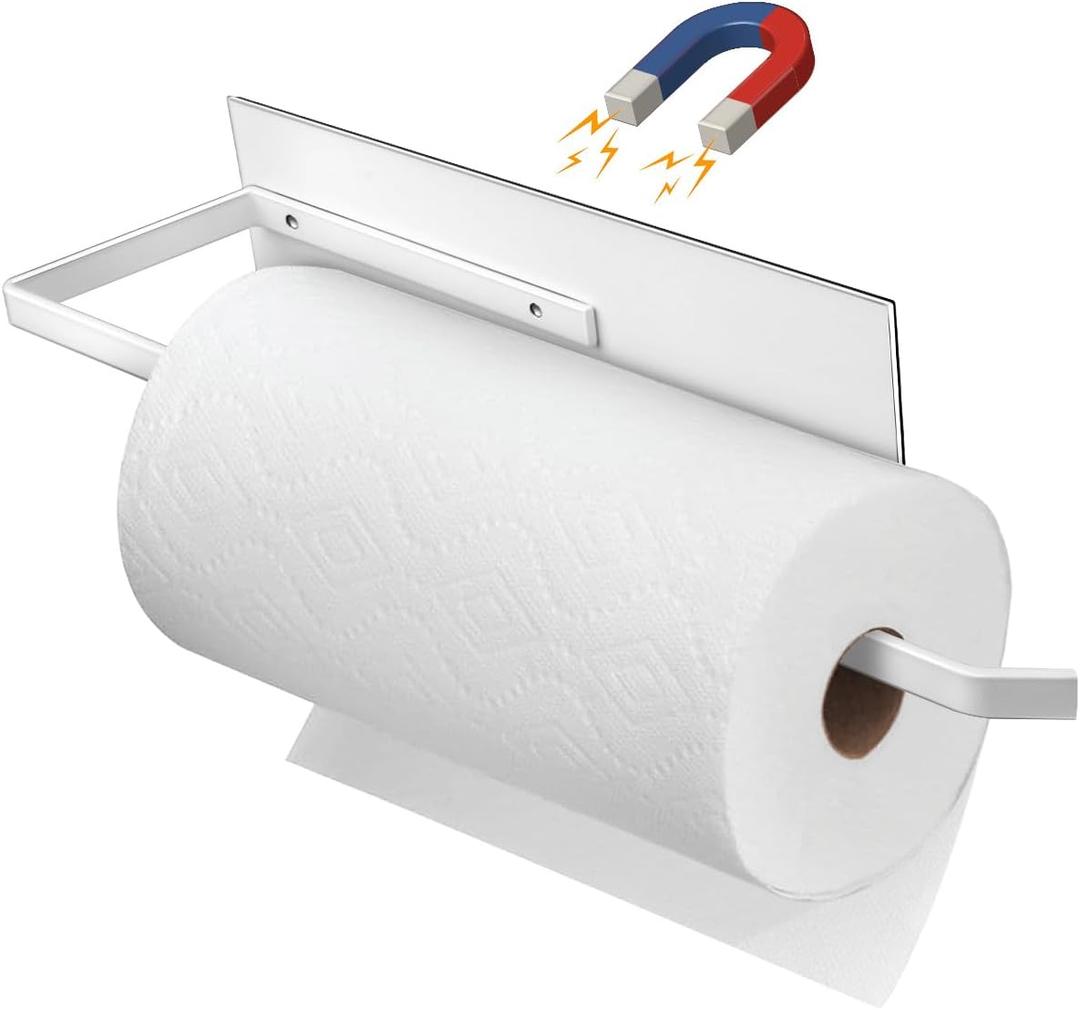 Magnetic Paper Towel Holder for Fridge, Toilet Paper Roll Holder Magnetic Paper Towel Rack Wall Mount Fridge Organizer for Papers Towels Rolls Bathroom Toilet Pantry RV Kitchen Organizers White