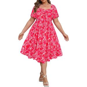 RITERA Plus Size Dresses for Curvy Women Boho Summer Midi Dress Sweetheart Neck Short Sleeve Dresses Empire Waist with Pocket,5XL