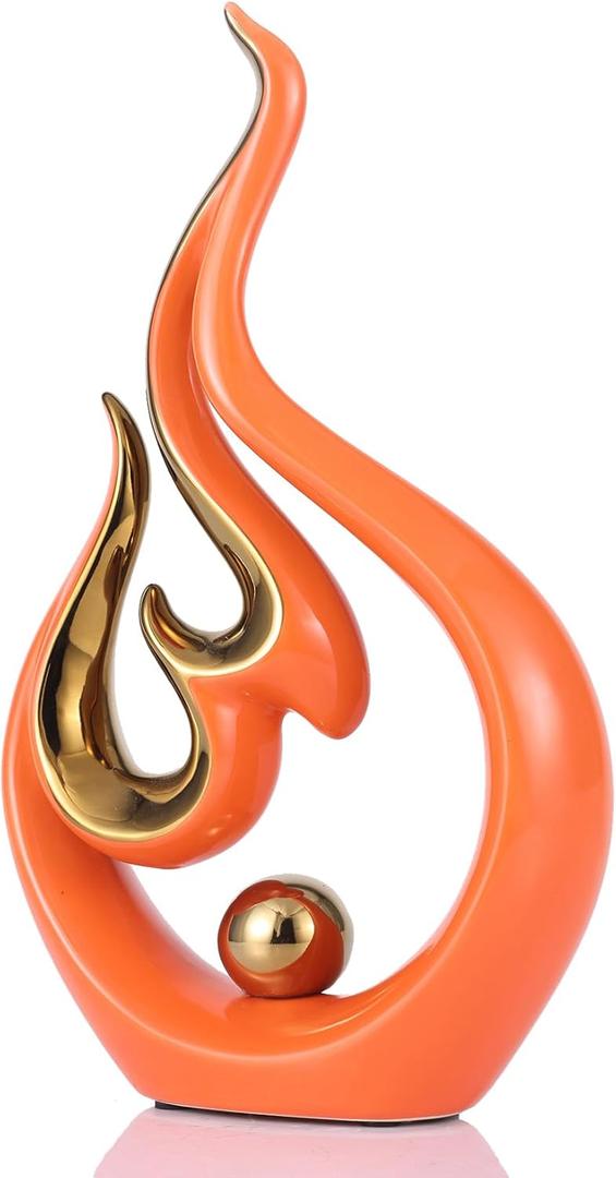 YUNSHID 11in Modern Abstract Flame Sculpture Ceramic Orange Gold Decor for Modern Home Decor Living Room Bedroom Office Decorations, Bookshelf Accents Desk Table Centerpiece, Ideal Gift (Orange-big)