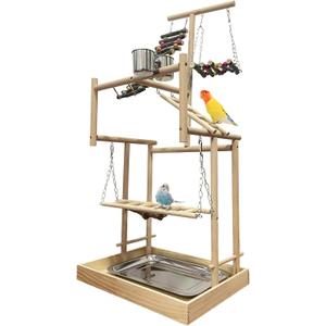 Hamiledyi 4 Layers Large Bird Playground 32" H Pet Parrot Playstand Gym Perch Wood Playpen for Parakeets Lovebirds Conure Cockatiel Cockatoos Finch Budgies or Other Small and Medium Sized Birds
